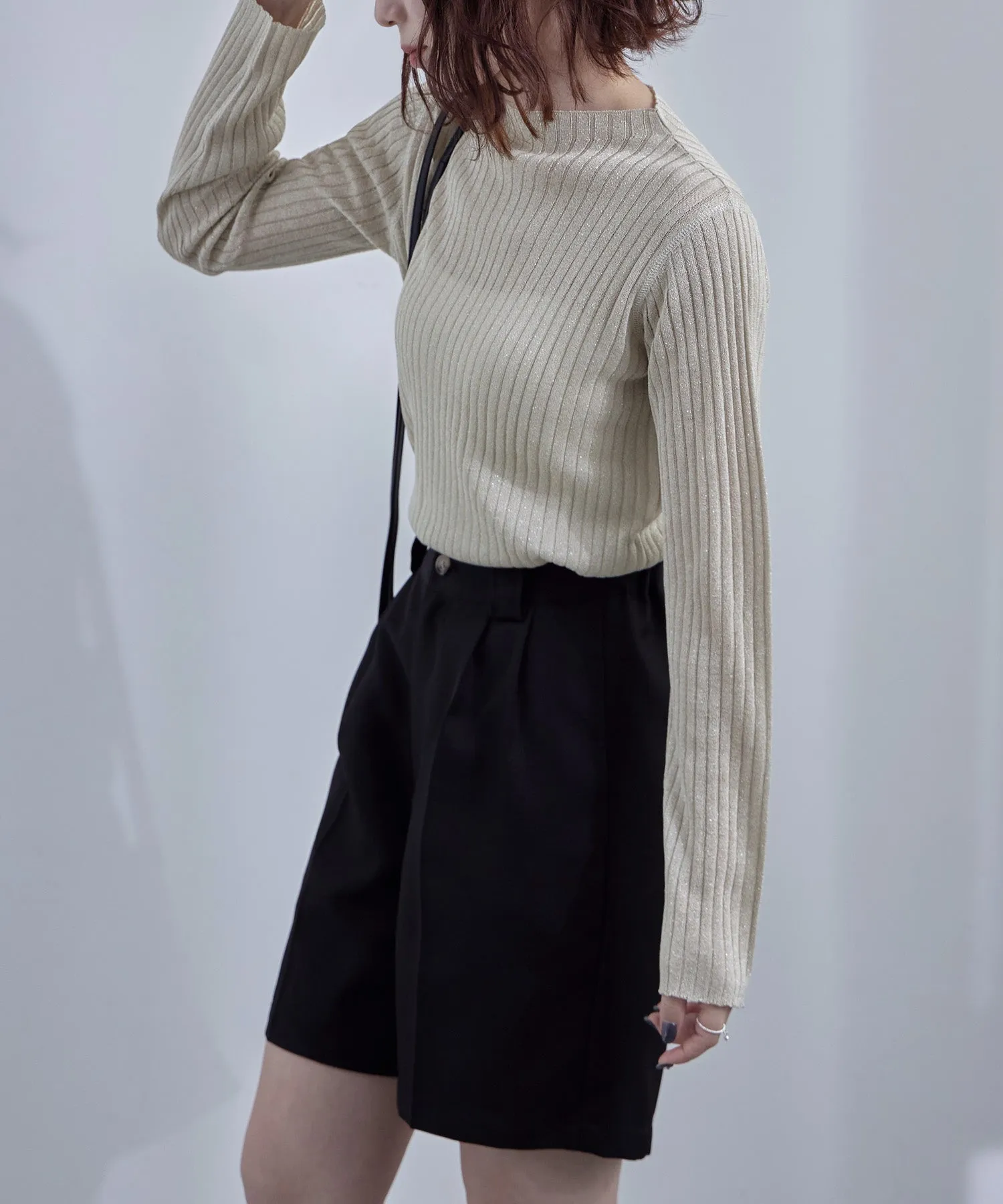 Lame&sheer bottle neck rib tops