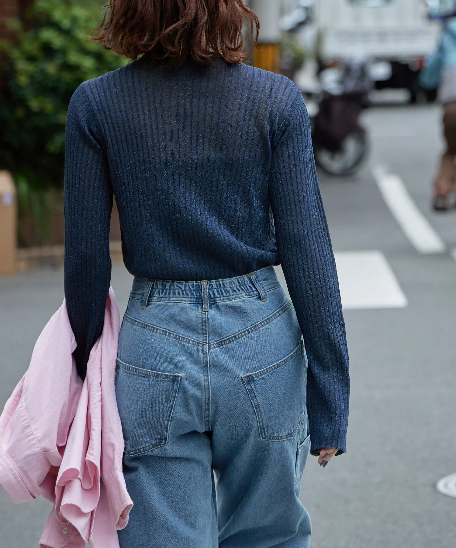 Lame&sheer bottle neck rib tops