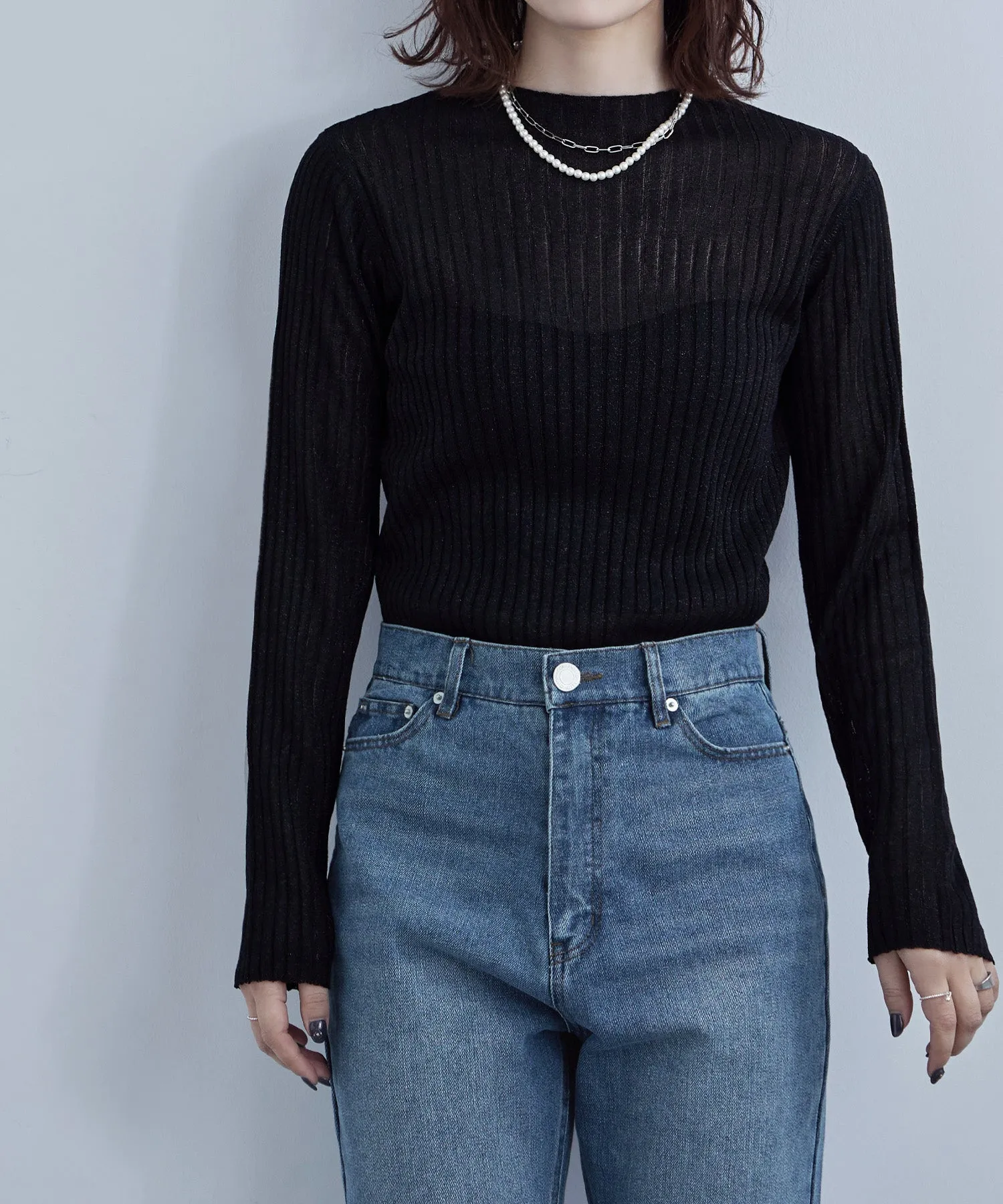 Lame&sheer bottle neck rib tops