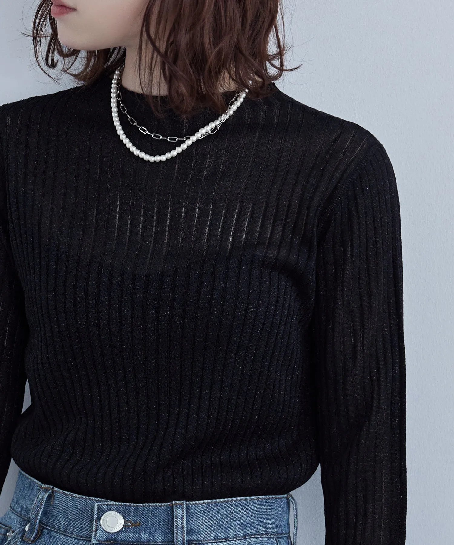 Lame&sheer bottle neck rib tops