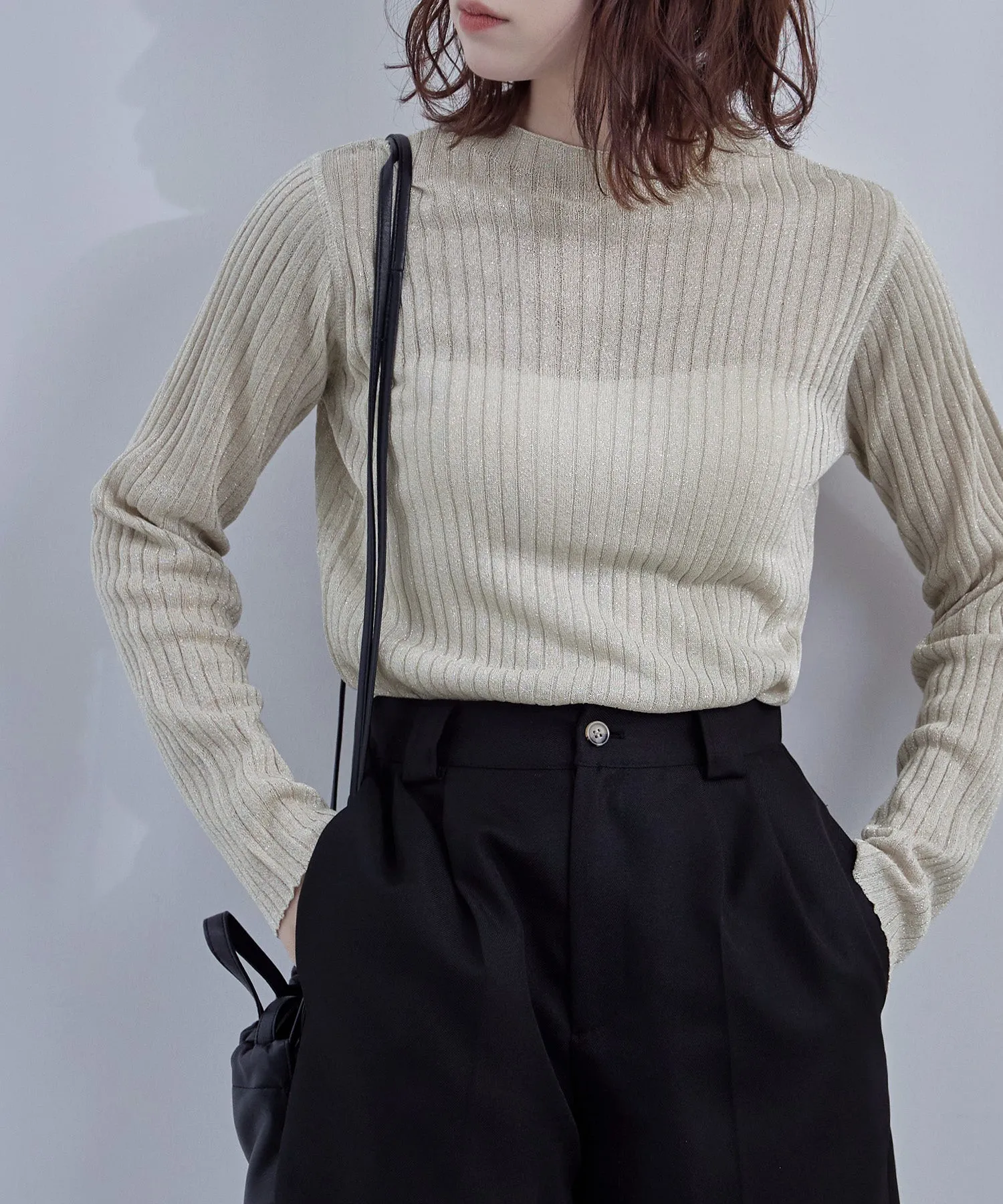 Lame&sheer bottle neck rib tops