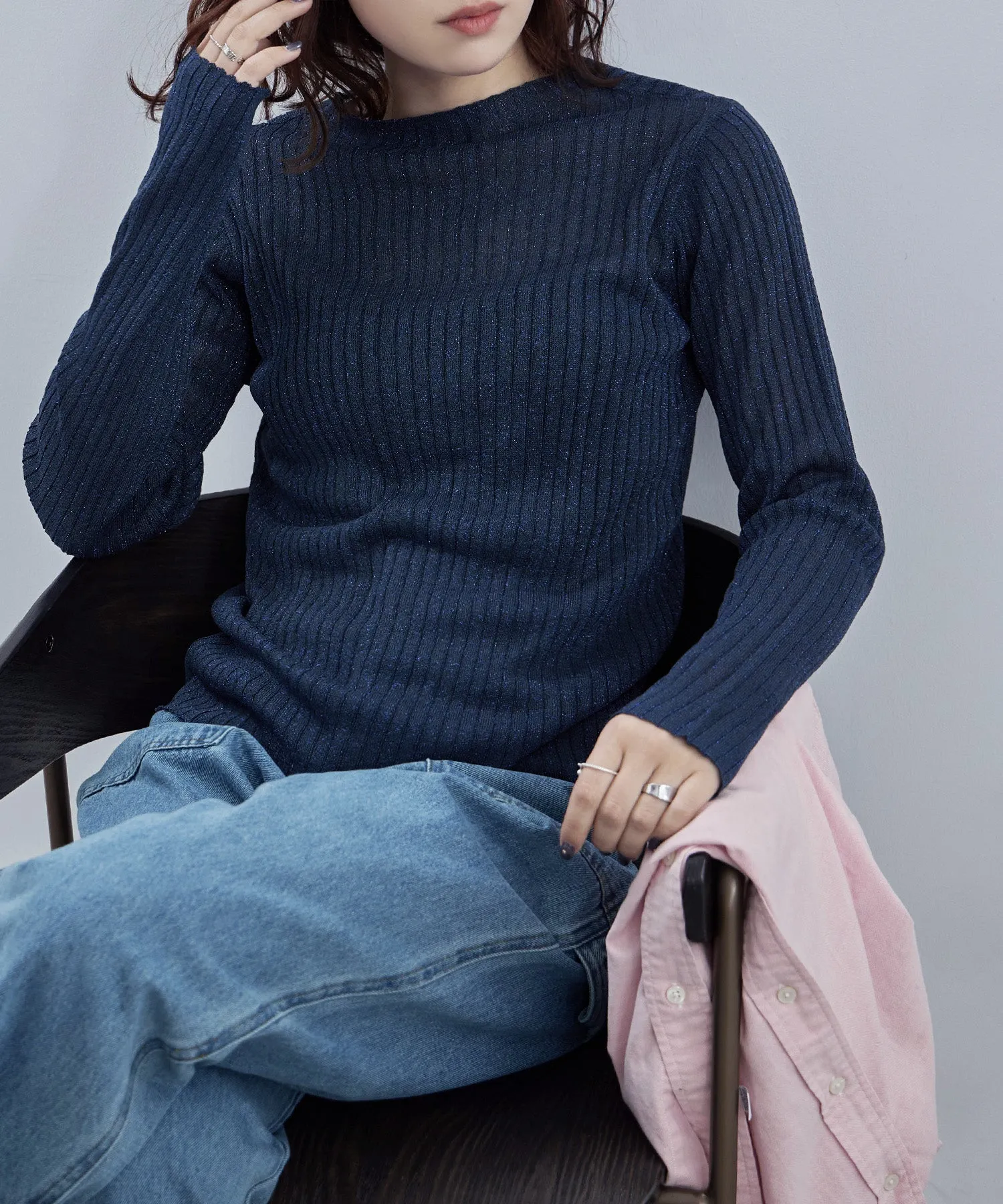 Lame&sheer bottle neck rib tops