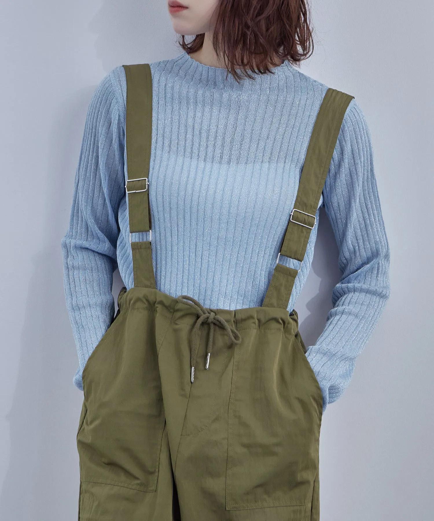 Lame&sheer bottle neck rib tops