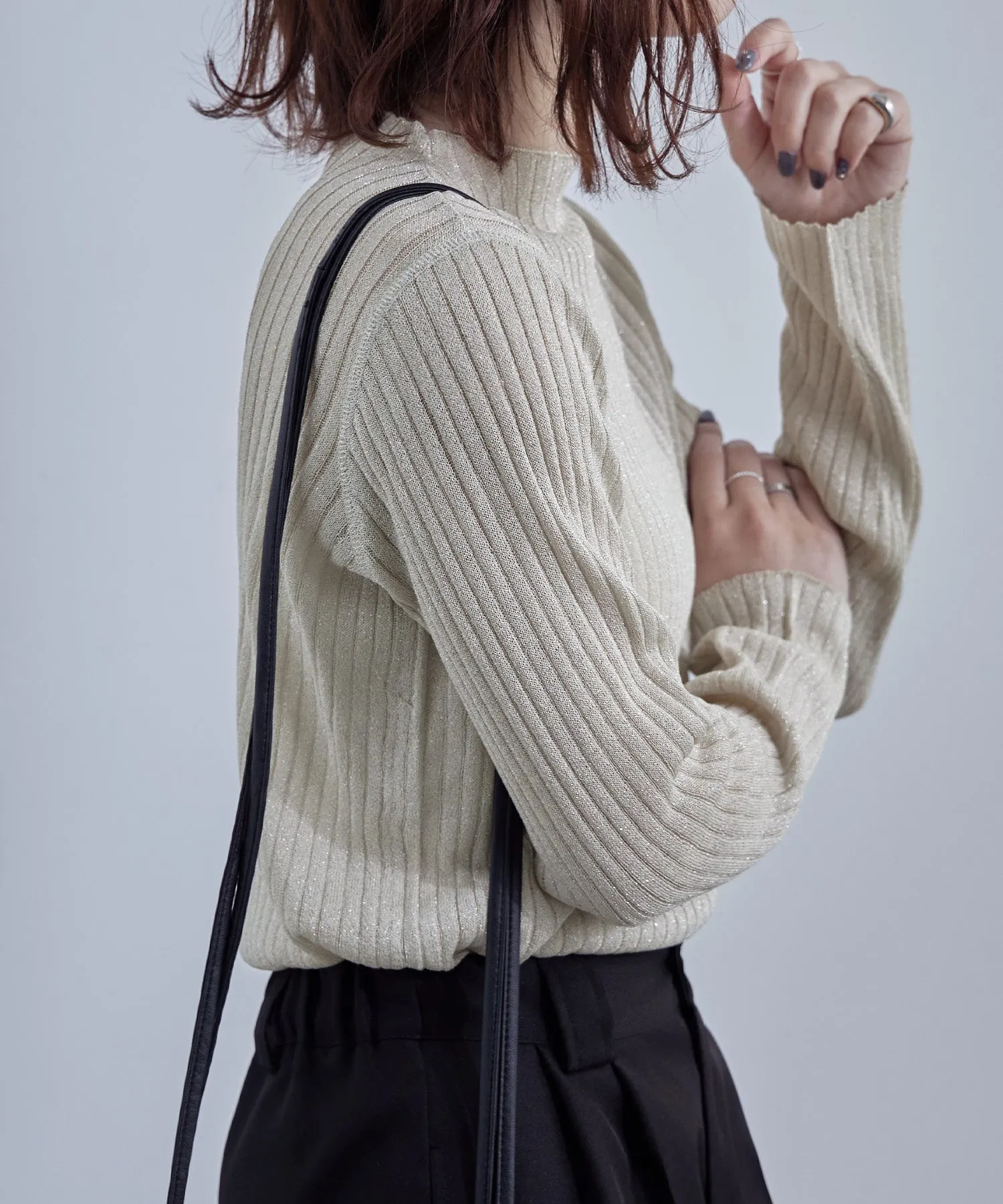 Lame&sheer bottle neck rib tops