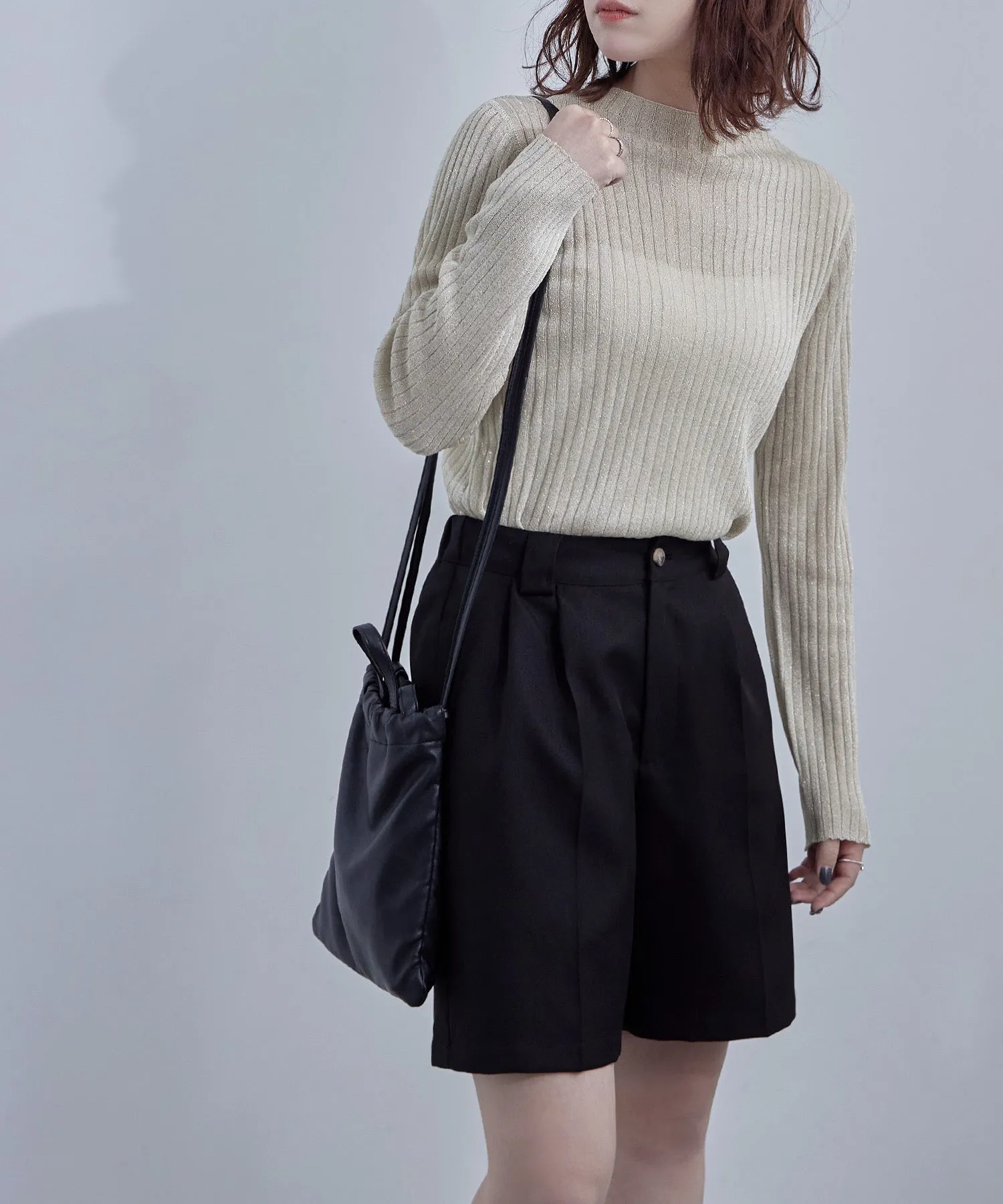 Lame&sheer bottle neck rib tops