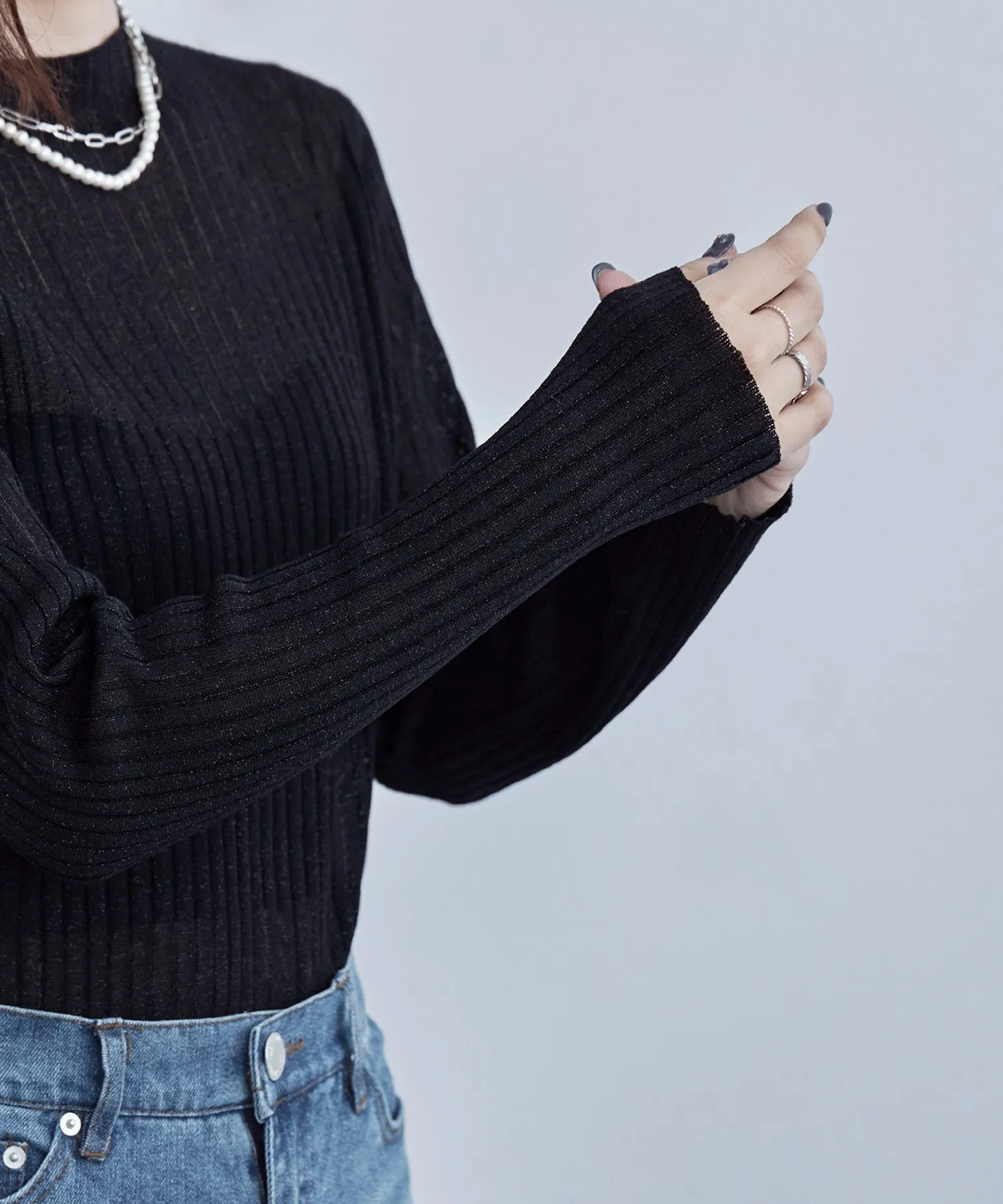 Lame&sheer bottle neck rib tops