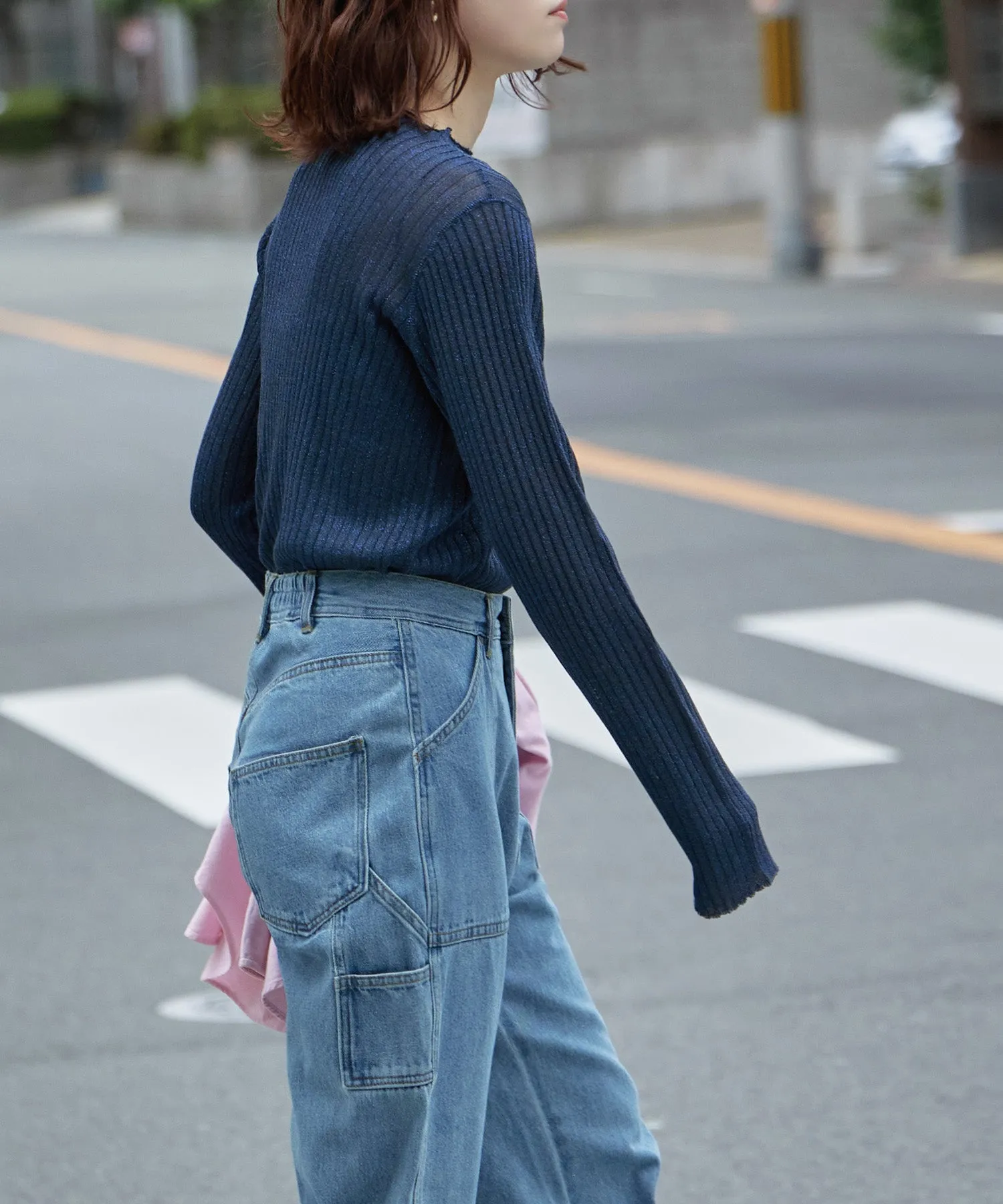 Lame&sheer bottle neck rib tops