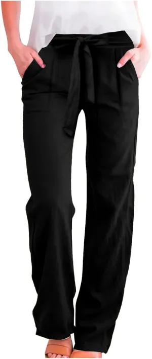 Linen Pants for Women Drawstring Elastic High Waisted Straight Leg Pants with Pockets Summer Casual Boho Beach Trouser