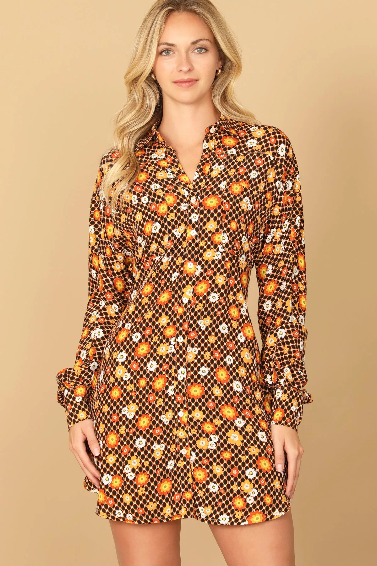 LONG SLEEVE BUTTON DOWN FLORAL MINI DRESS