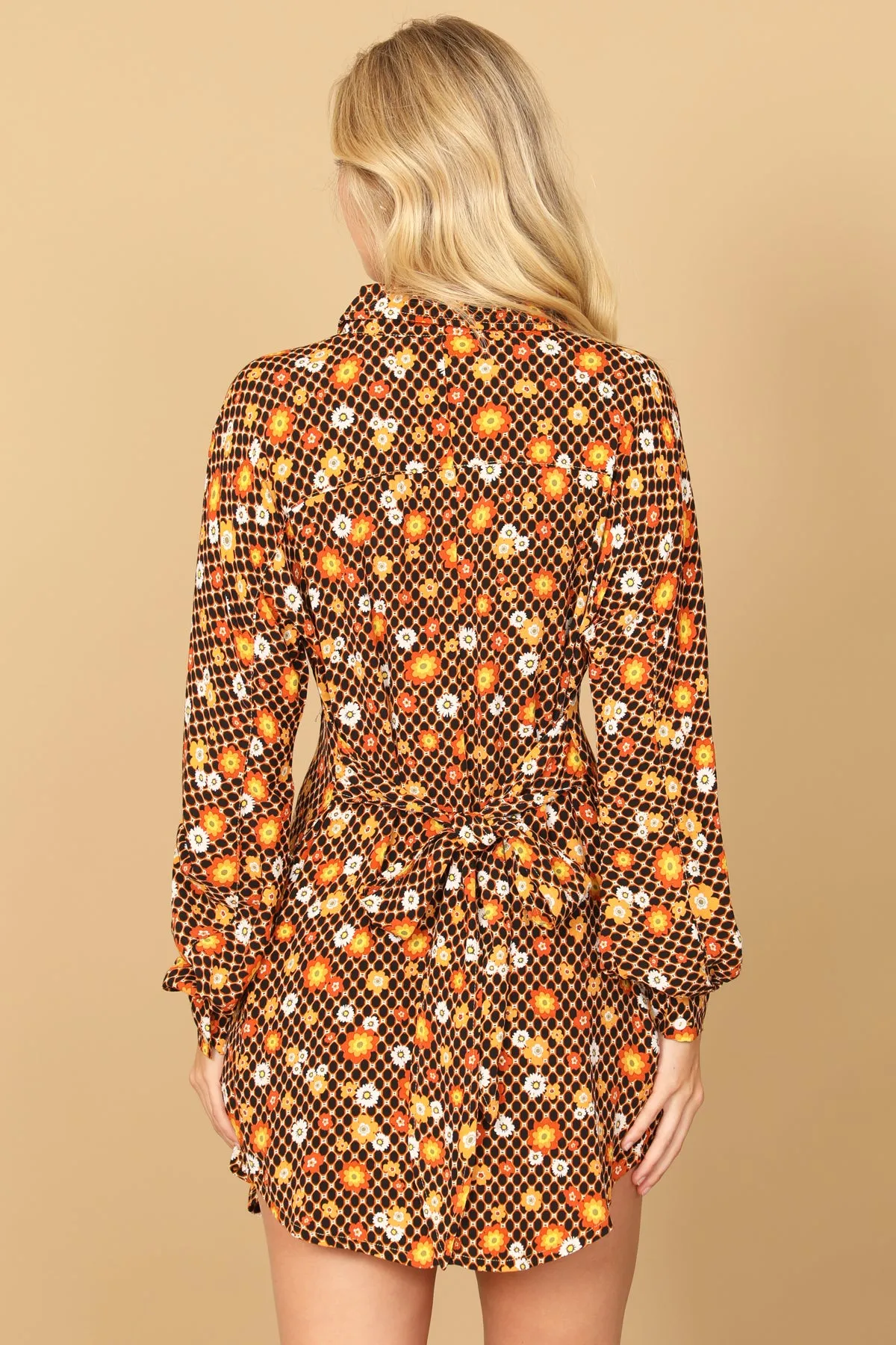 LONG SLEEVE BUTTON DOWN FLORAL MINI DRESS