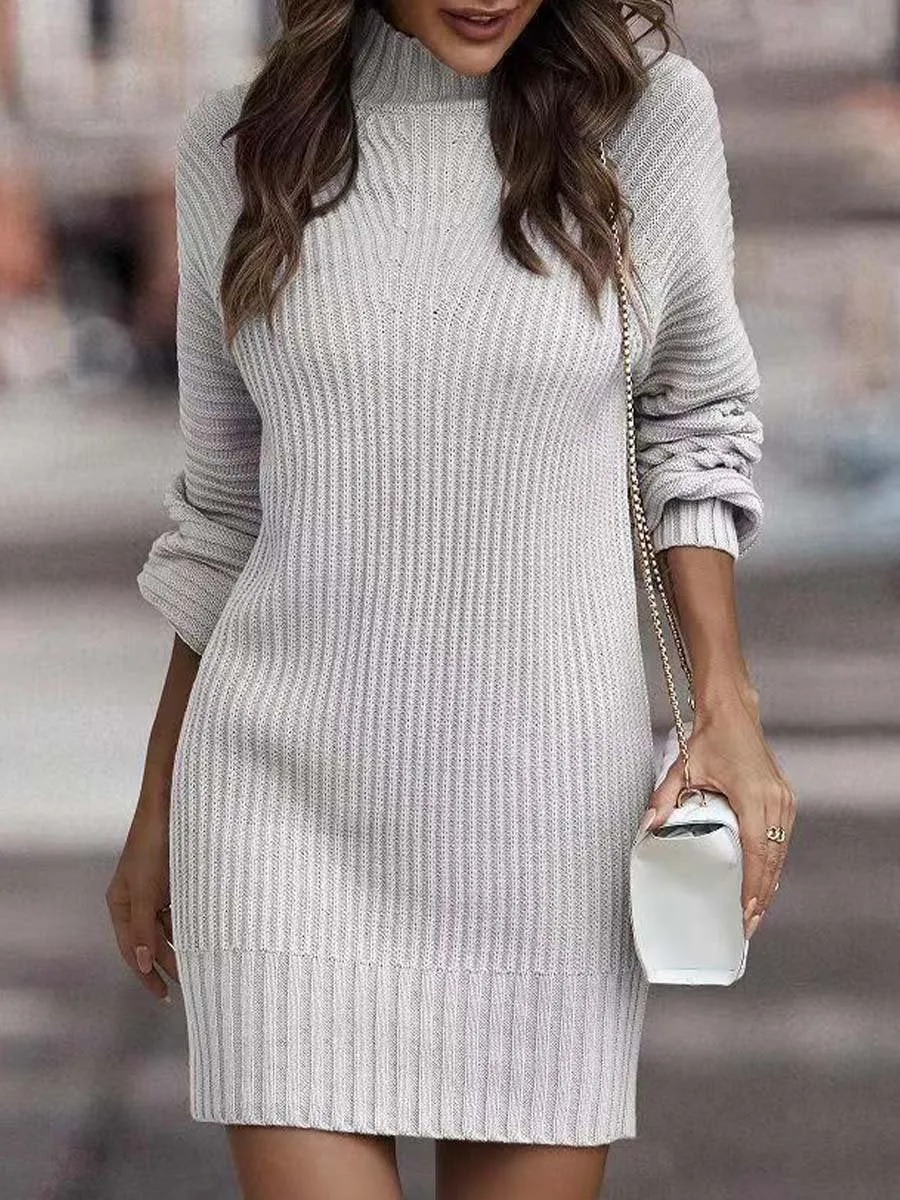 Long Sleeve Knit Dress with High Neck