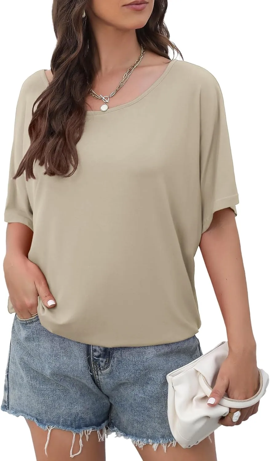 Lyrur Women's Short Sleeve Boat Neck Knit Loose Fit Tops 2025 Summer Basic Casual T Shirt Blouse with Banded Bottom
