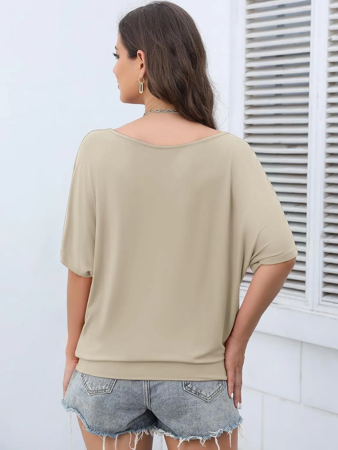 Lyrur Women's Short Sleeve Boat Neck Knit Loose Fit Tops 2025 Summer Basic Casual T Shirt Blouse with Banded Bottom
