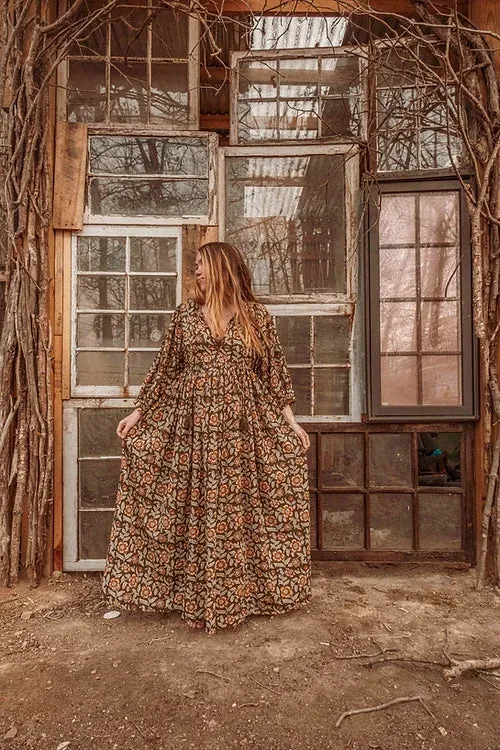 Marlowe Organic Cotton Hand Block Printed Dress - Olive Floral