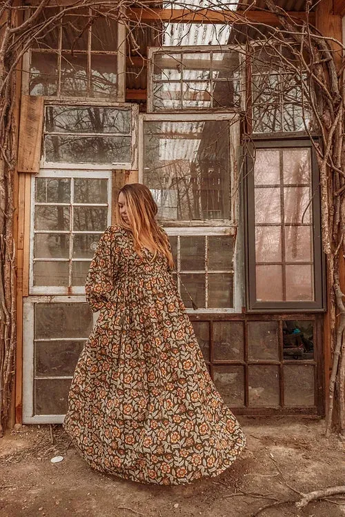 Marlowe Organic Cotton Hand Block Printed Dress - Olive Floral