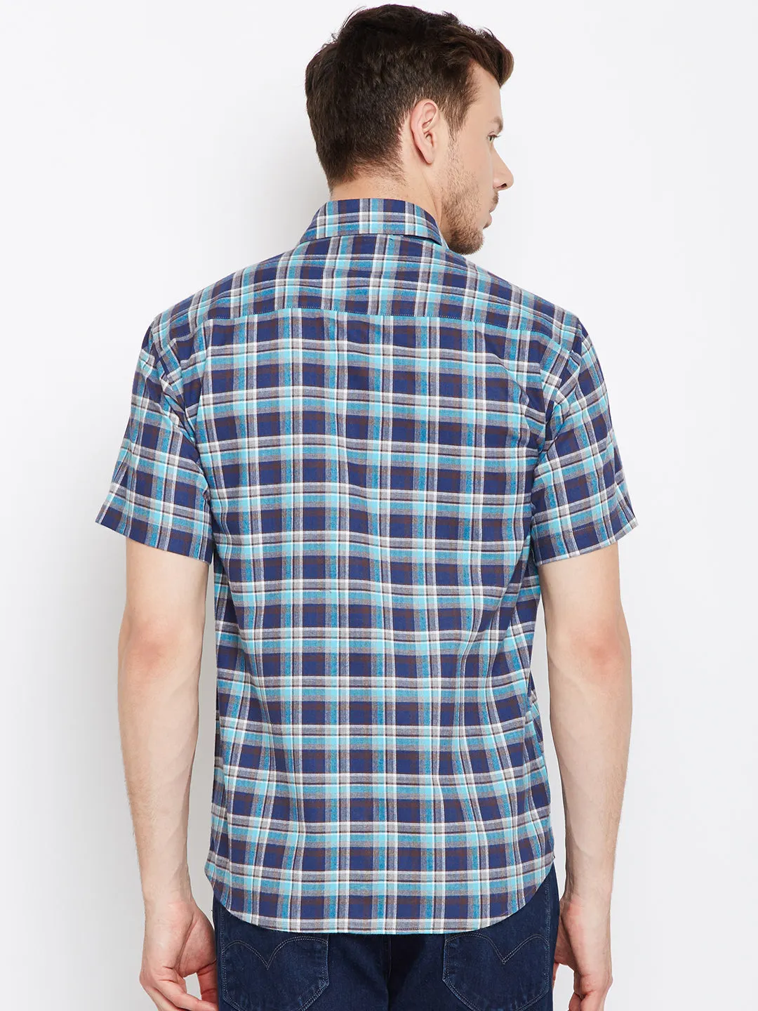 Men Navy &  Blue Pure Cotton Checked Slim Fit Casual Shirt