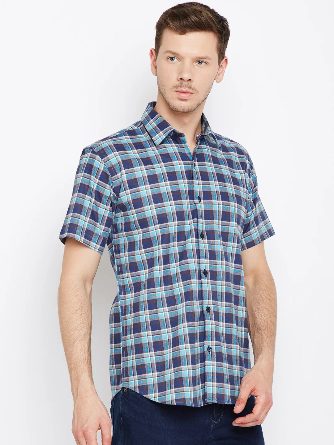 Men Navy &  Blue Pure Cotton Checked Slim Fit Casual Shirt