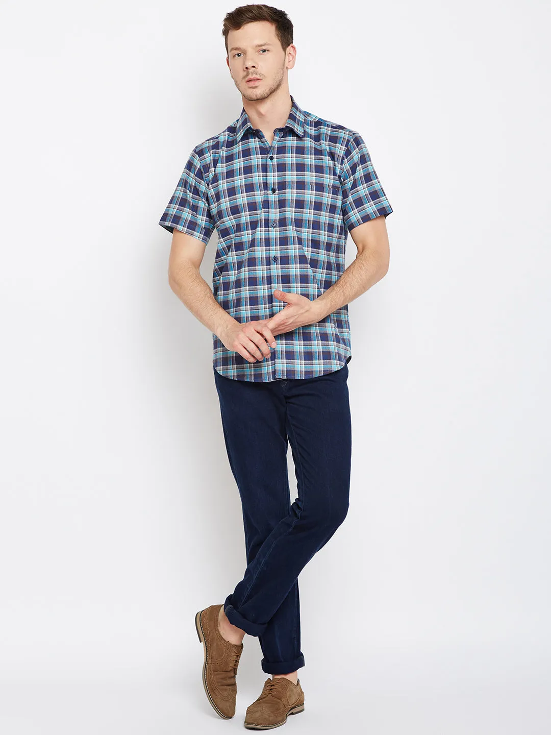 Men Navy &  Blue Pure Cotton Checked Slim Fit Casual Shirt