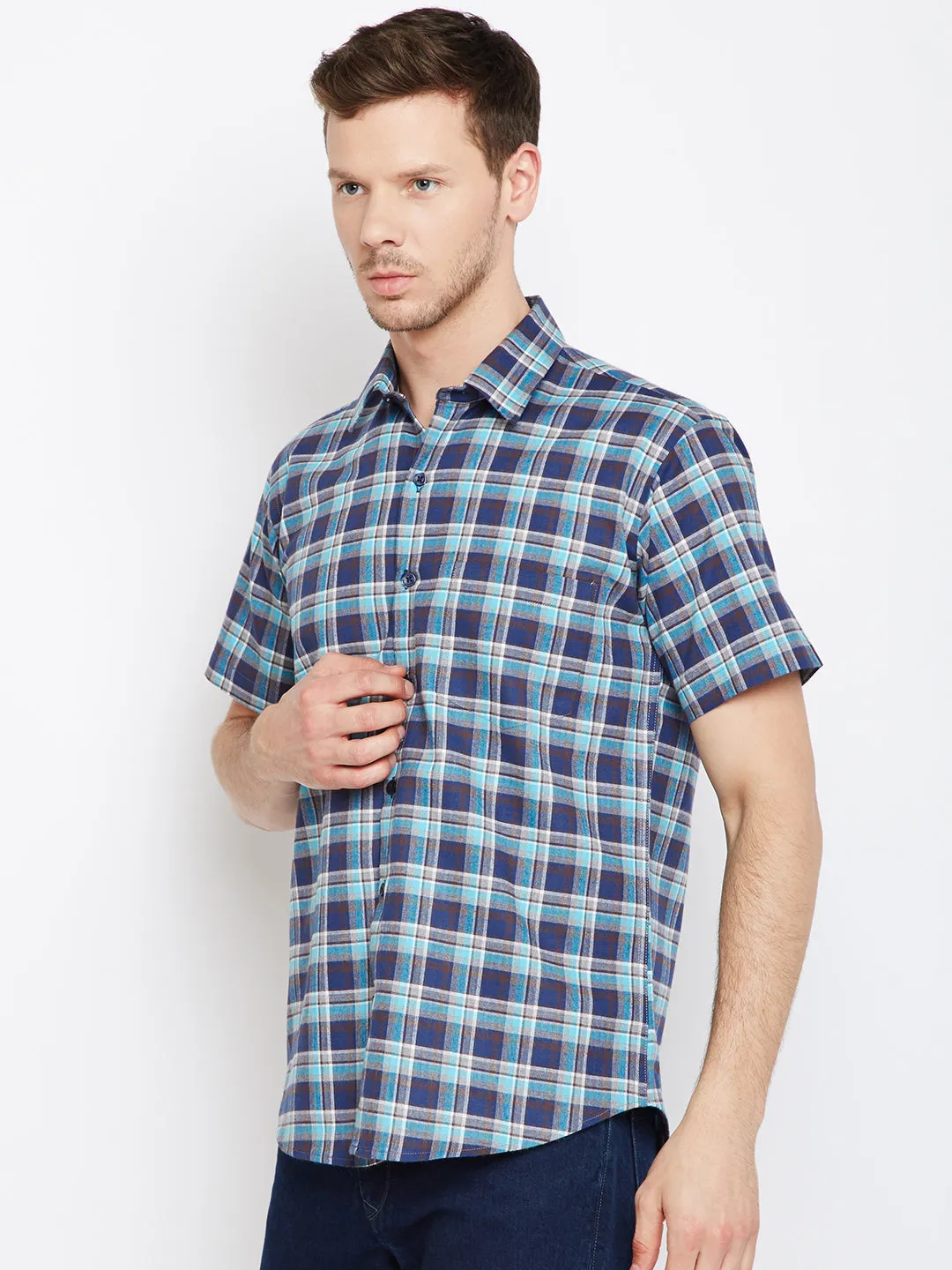 Men Navy &  Blue Pure Cotton Checked Slim Fit Casual Shirt