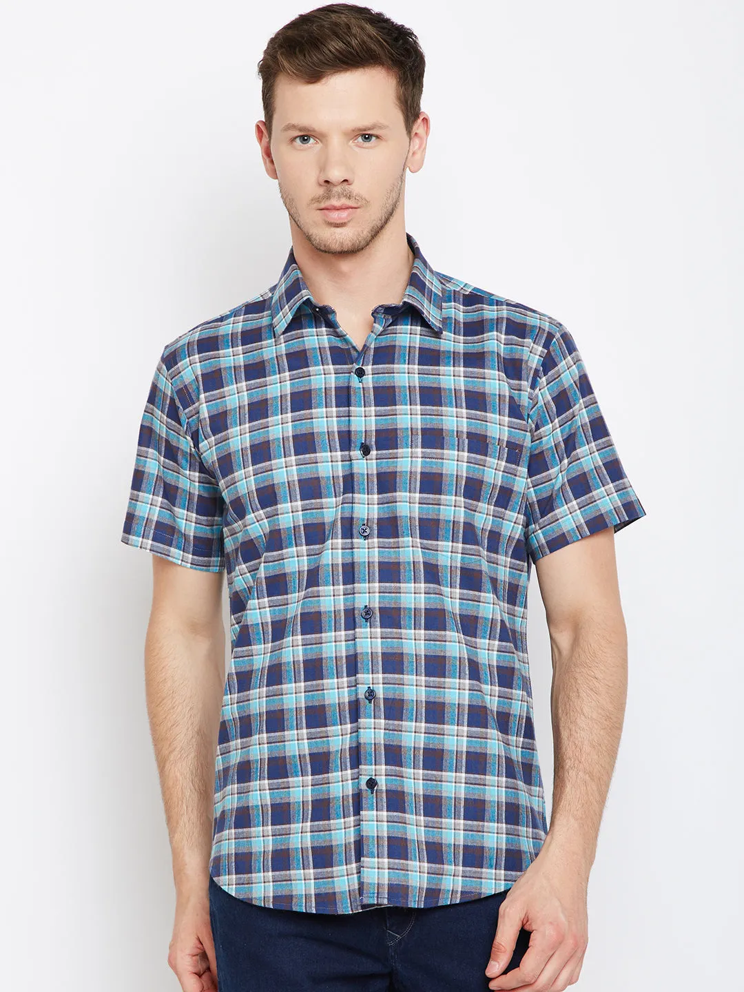 Men Navy &  Blue Pure Cotton Checked Slim Fit Casual Shirt