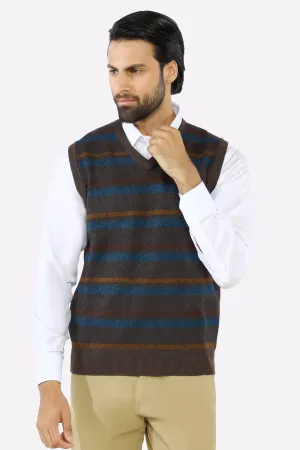 Men V-neck Multi Brown Sleeveless Sweater