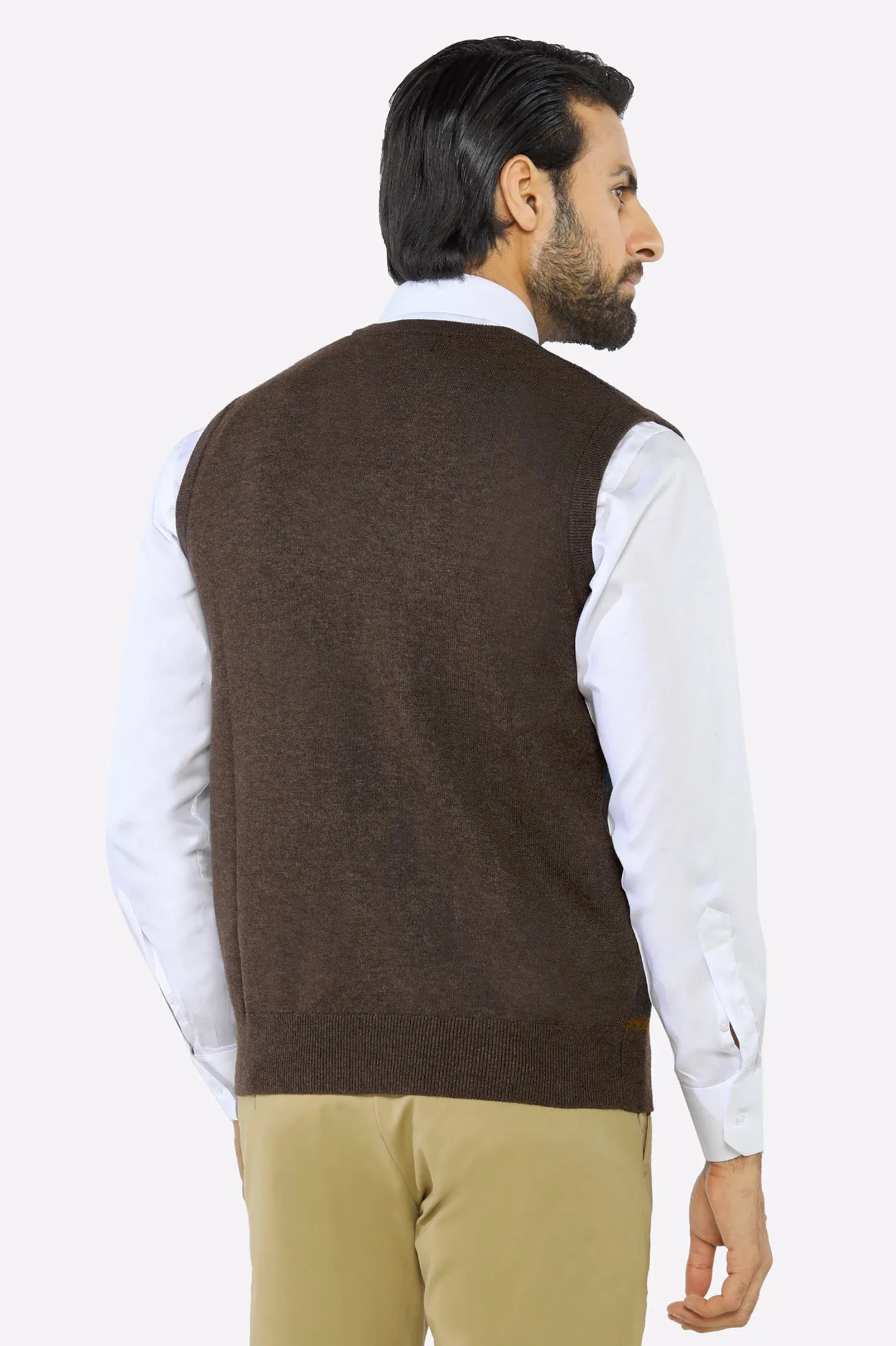 Men V-neck Multi Brown Sleeveless Sweater