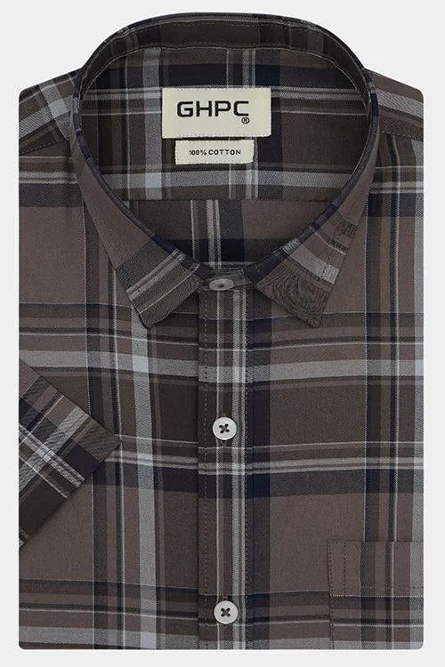 Men's 100% Cotton Tartan Checkered Half Sleeves Shirt (Brown)