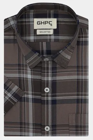 Men's 100% Cotton Tartan Checkered Half Sleeves Shirt (Brown)