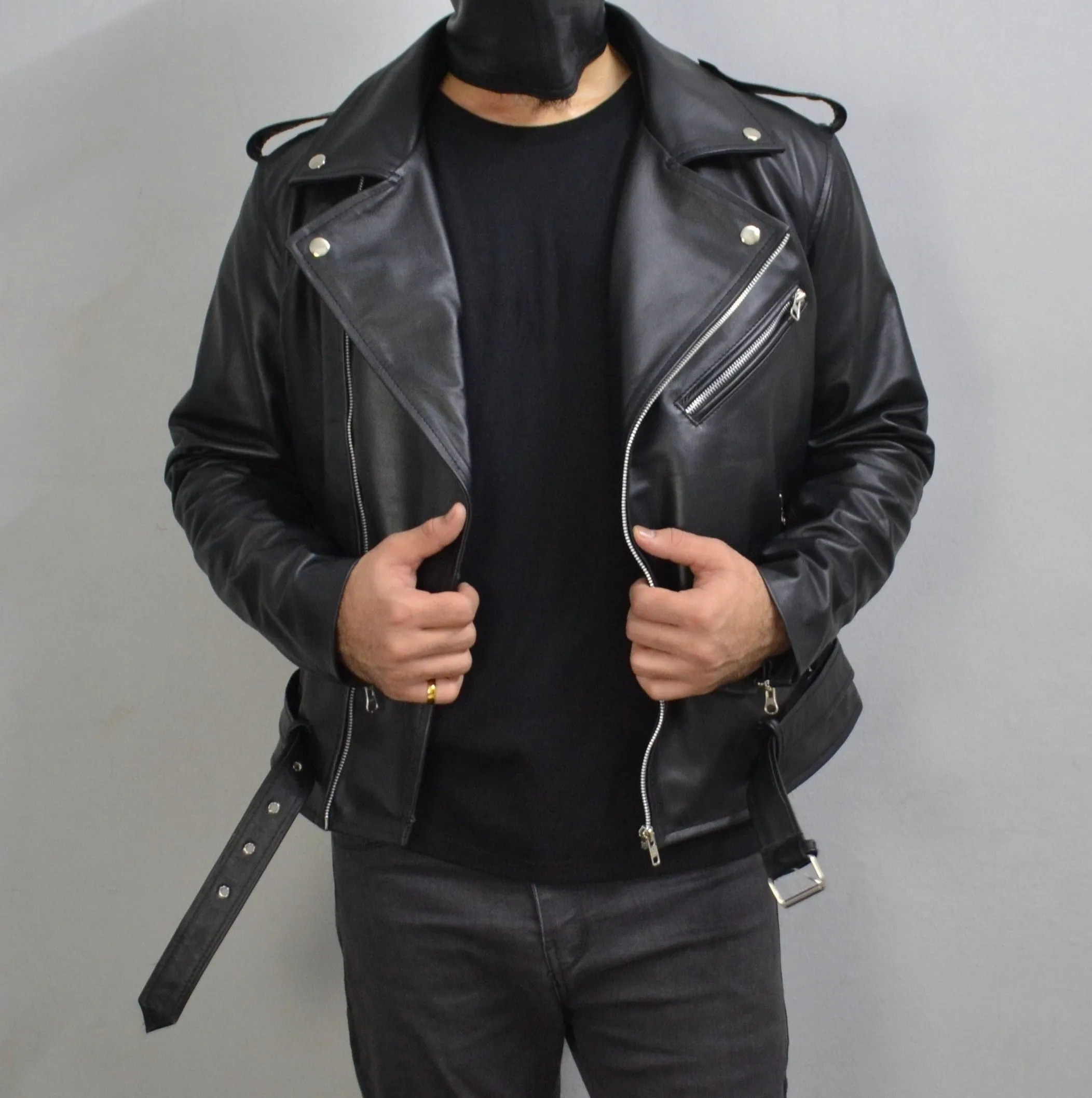 Men's Black Motorcycle Genuine Leather Slim-Fit Half-Belted Biker Jacket
