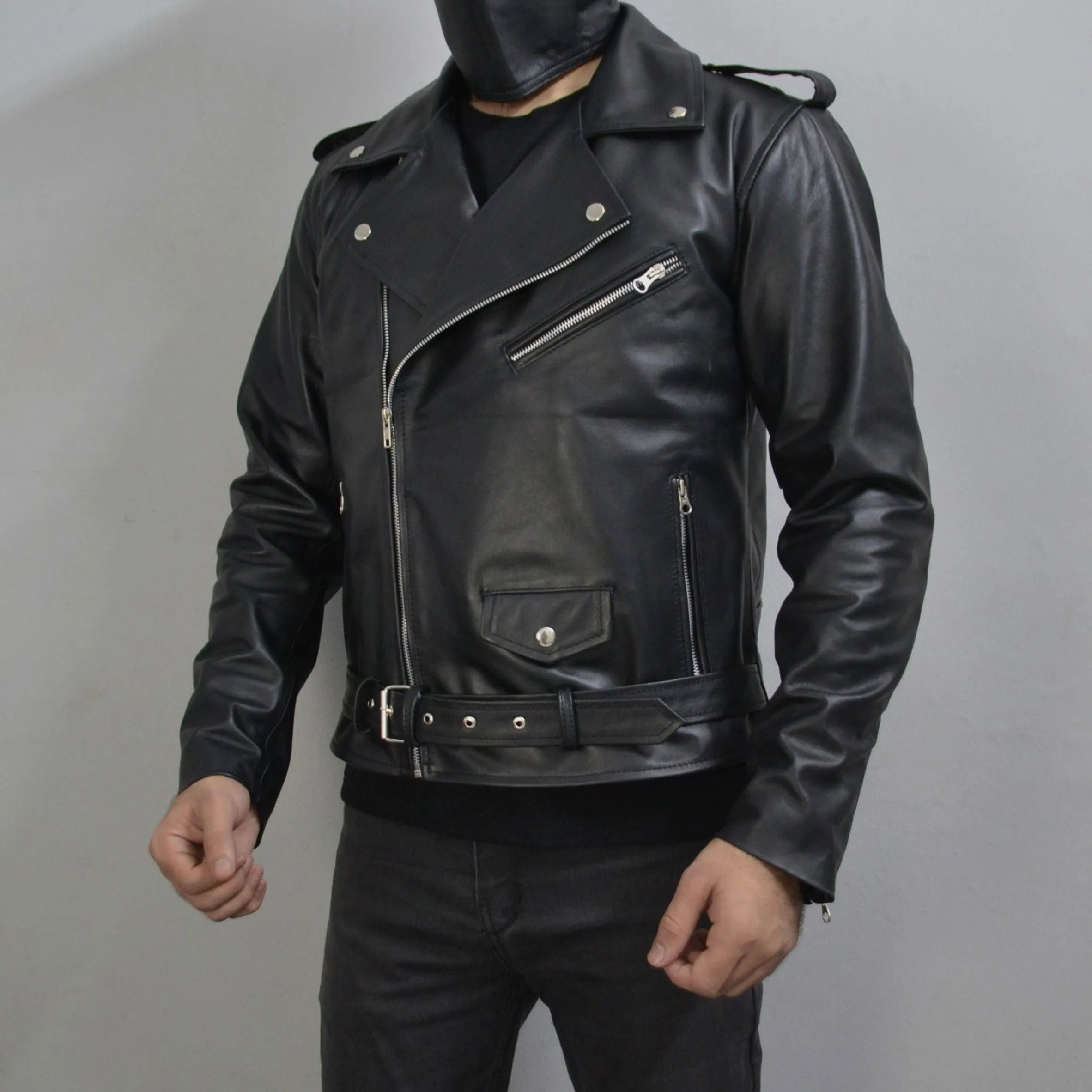 Men's Black Motorcycle Genuine Leather Slim-Fit Half-Belted Biker Jacket