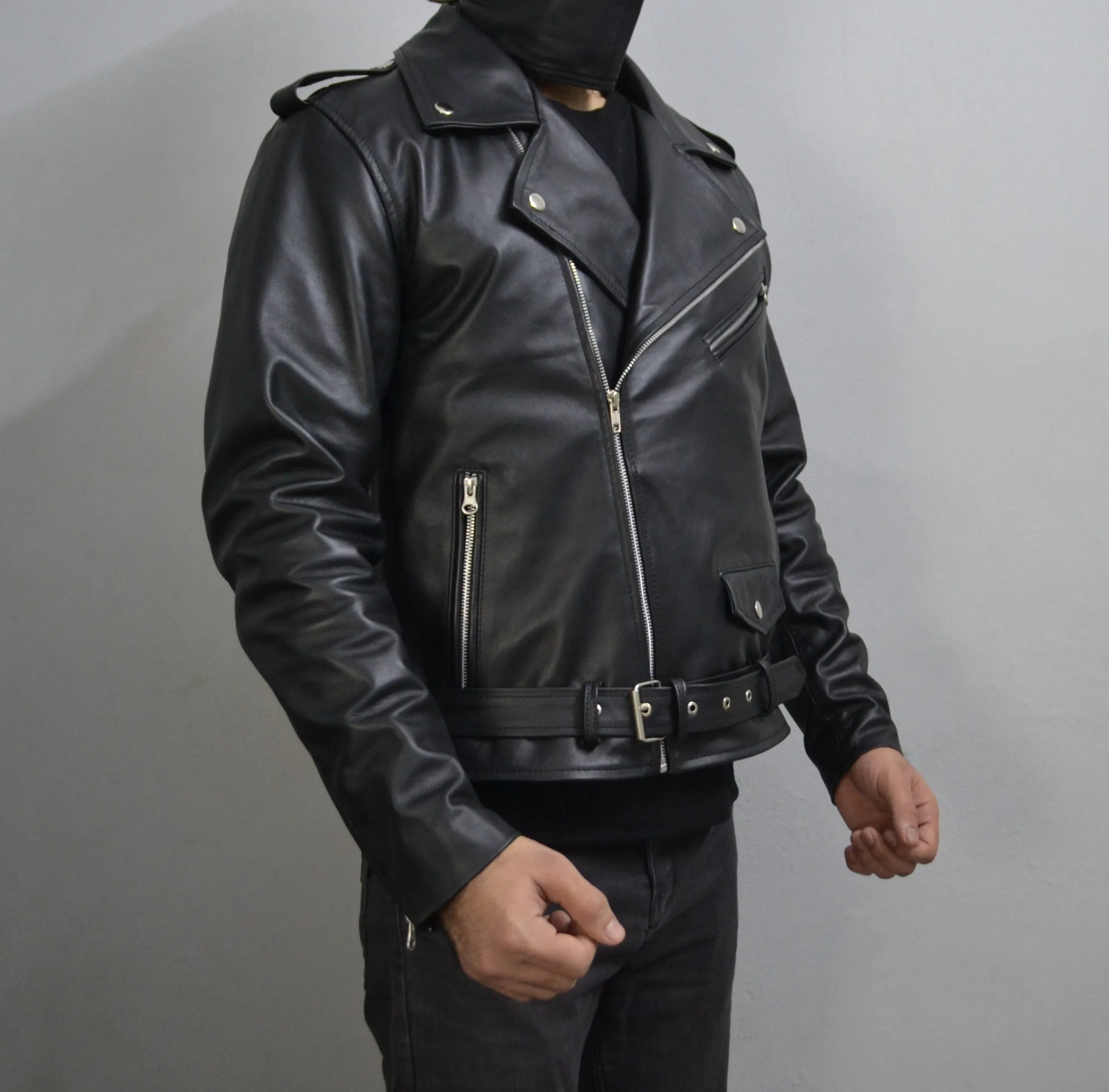 Men's Black Motorcycle Genuine Leather Slim-Fit Half-Belted Biker Jacket