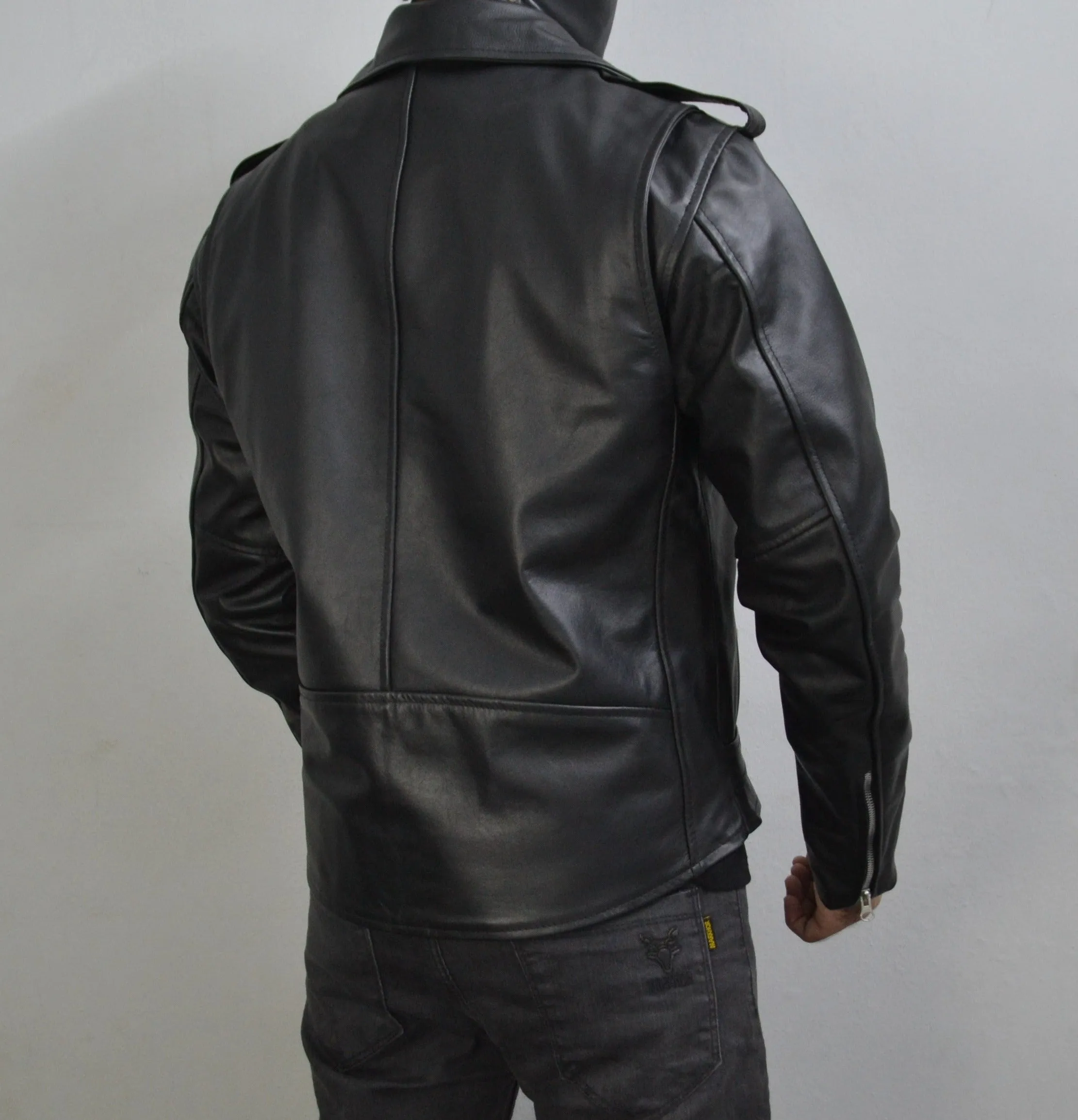 Men's Black Motorcycle Genuine Leather Slim-Fit Half-Belted Biker Jacket