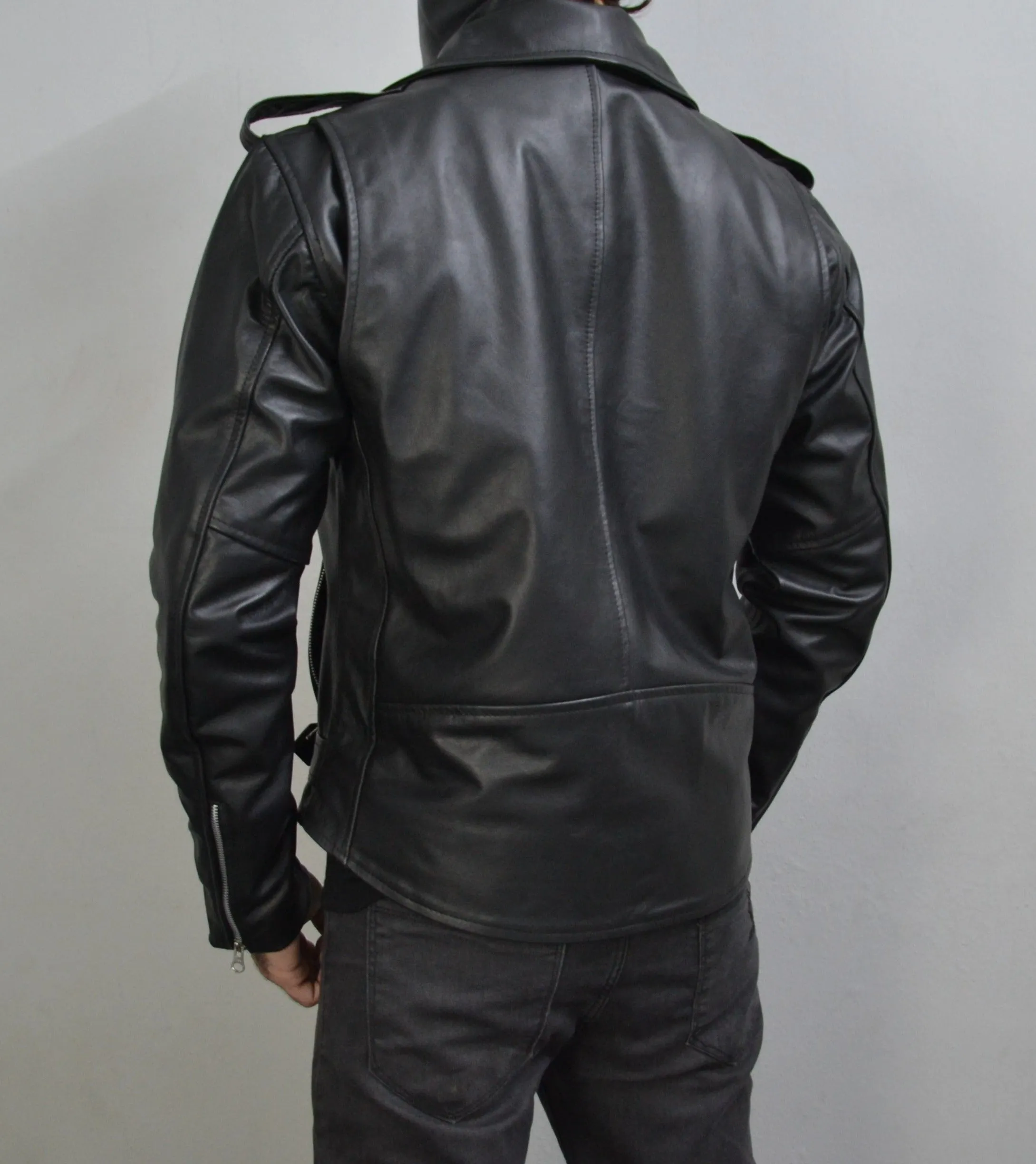 Men's Black Motorcycle Genuine Leather Slim-Fit Half-Belted Biker Jacket