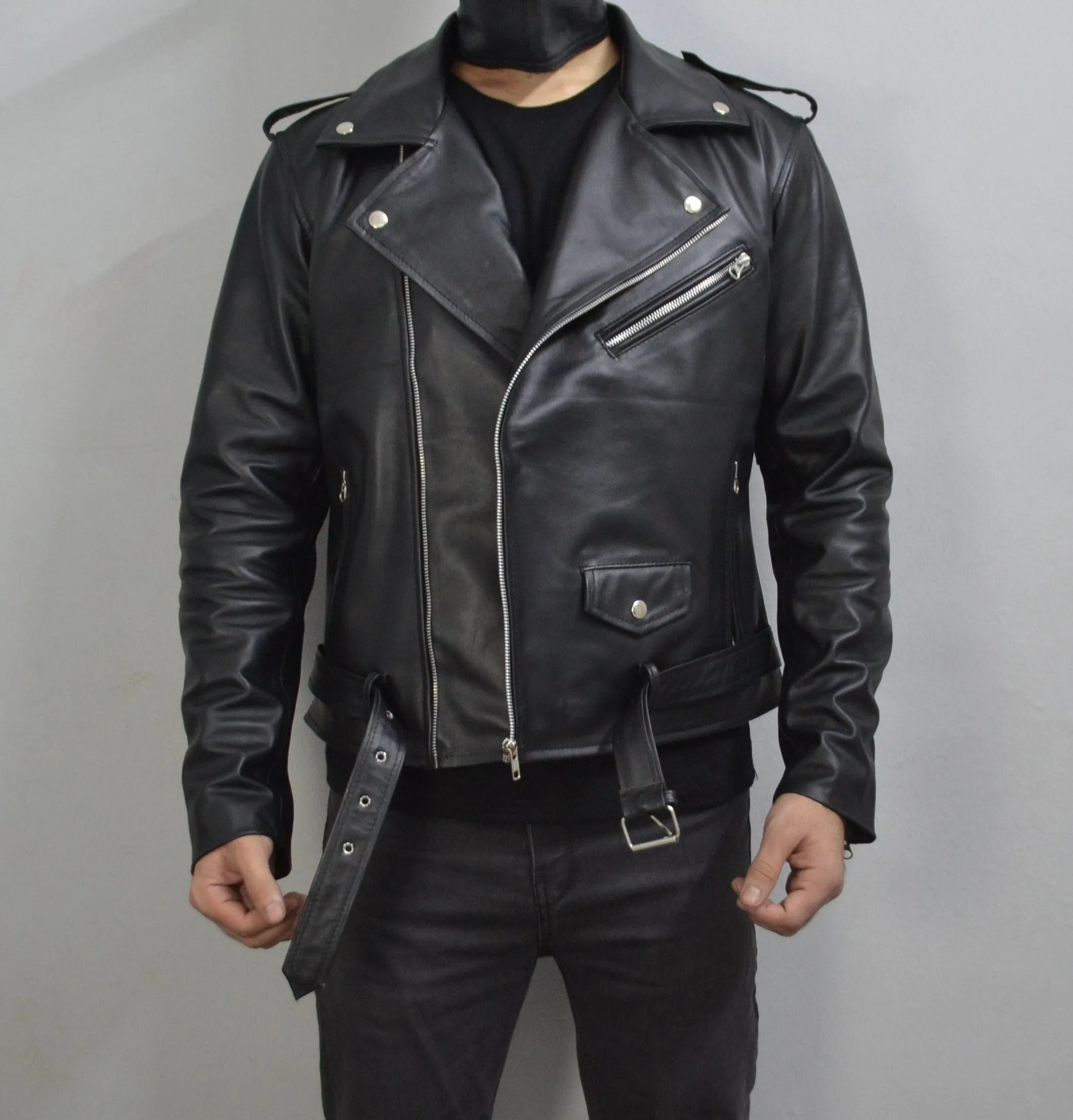 Men's Black Motorcycle Genuine Leather Slim-Fit Half-Belted Biker Jacket