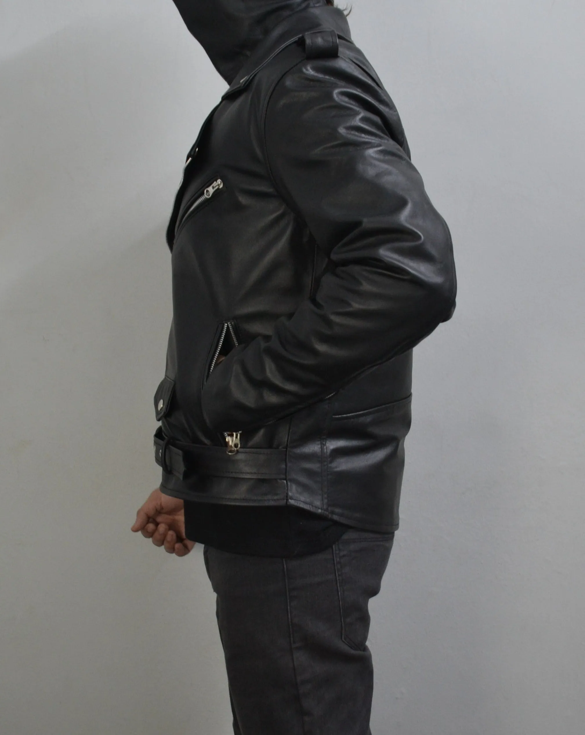 Men's Black Motorcycle Genuine Leather Slim-Fit Half-Belted Biker Jacket