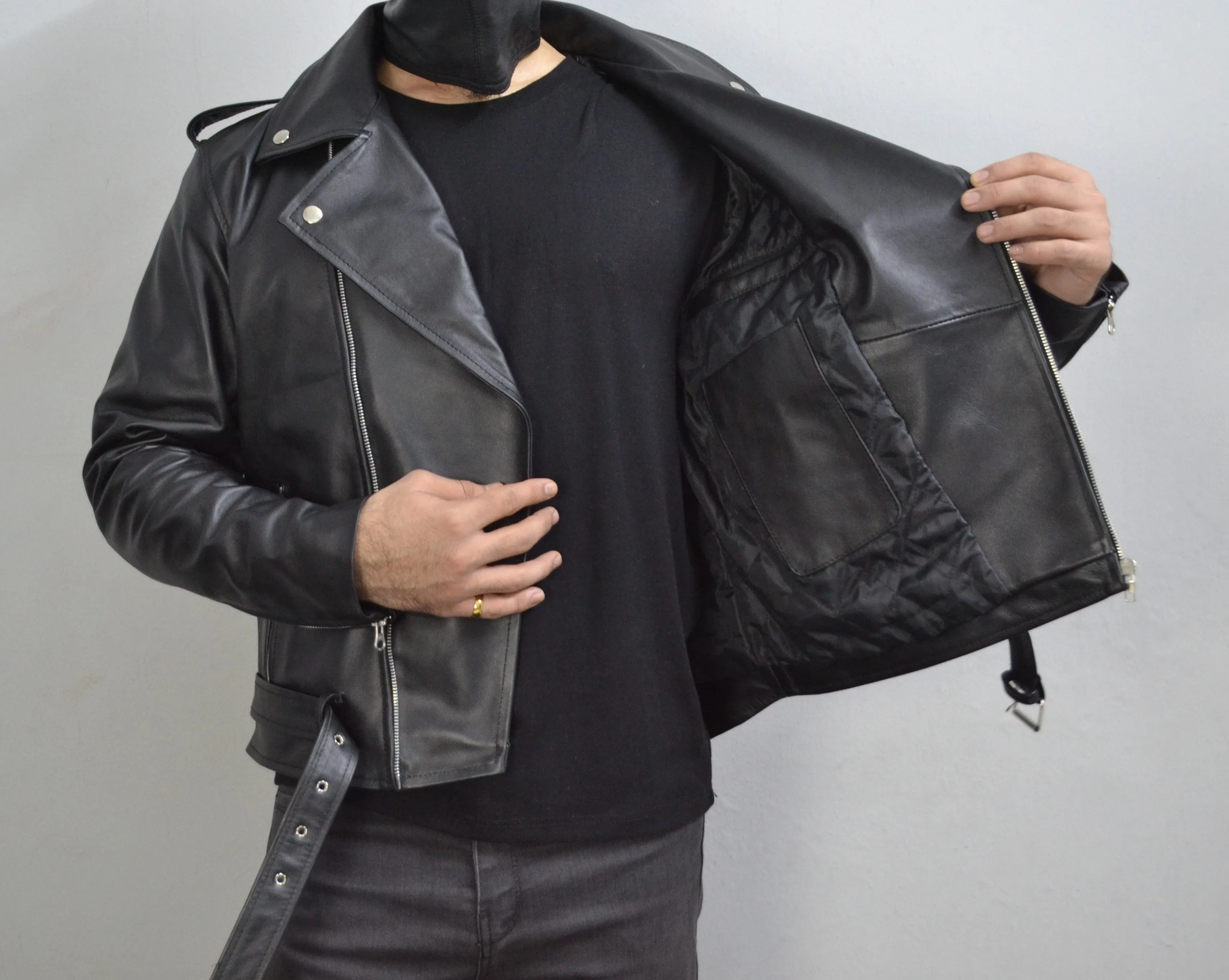Men's Black Motorcycle Genuine Leather Slim-Fit Half-Belted Biker Jacket