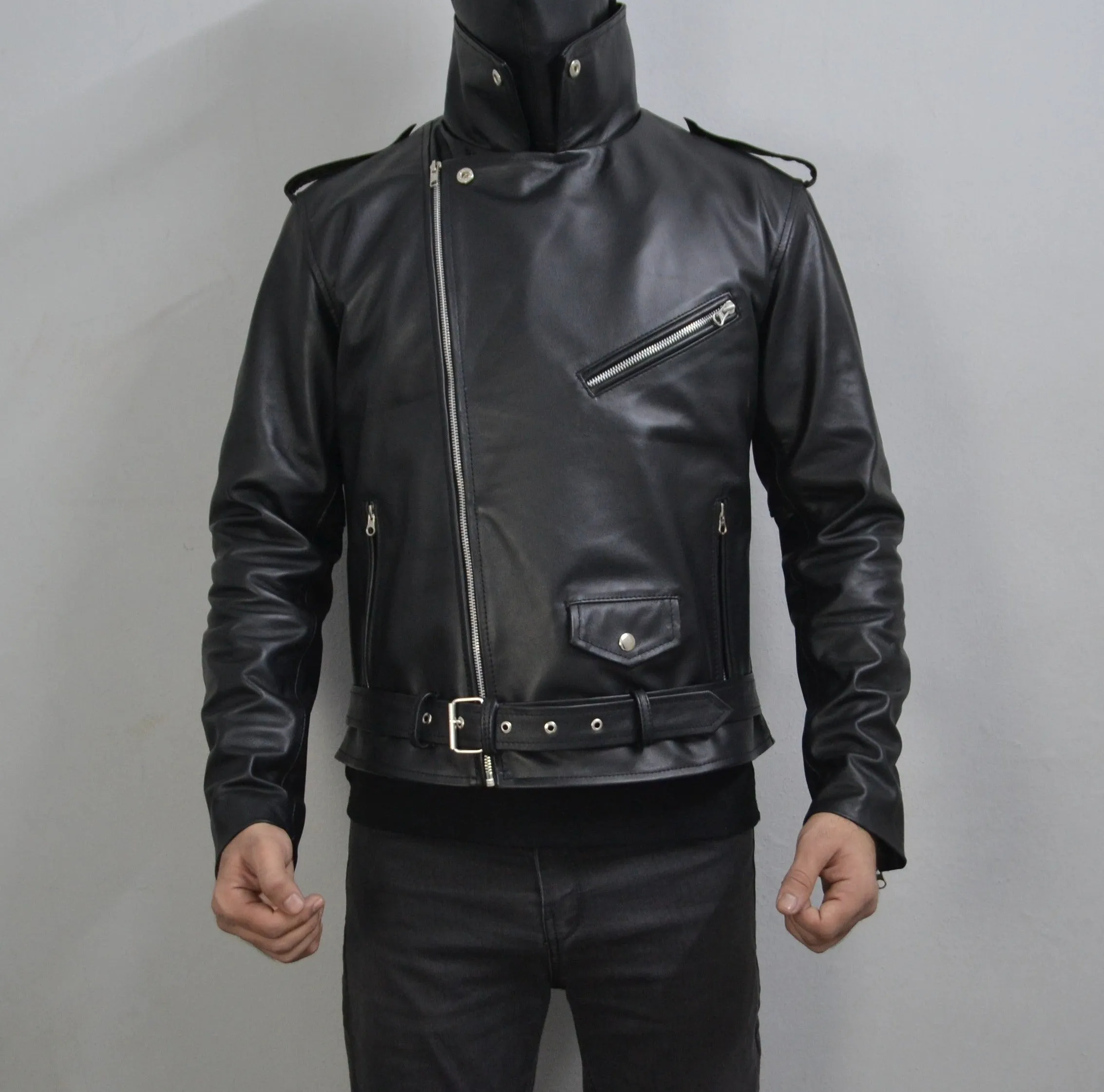 Men's Black Motorcycle Genuine Leather Slim-Fit Half-Belted Biker Jacket