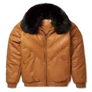 Men's Brown V-Bomber Faux Shearling Leather Jacket