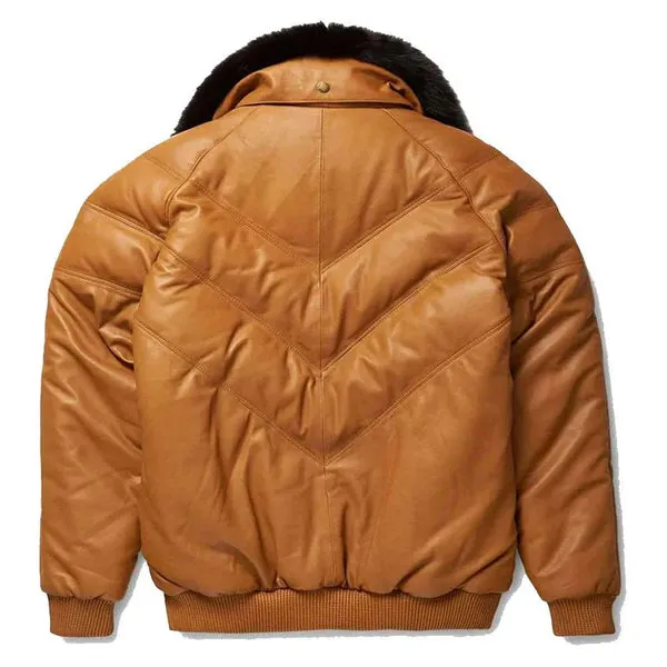 Men's Brown V-Bomber Faux Shearling Leather Jacket