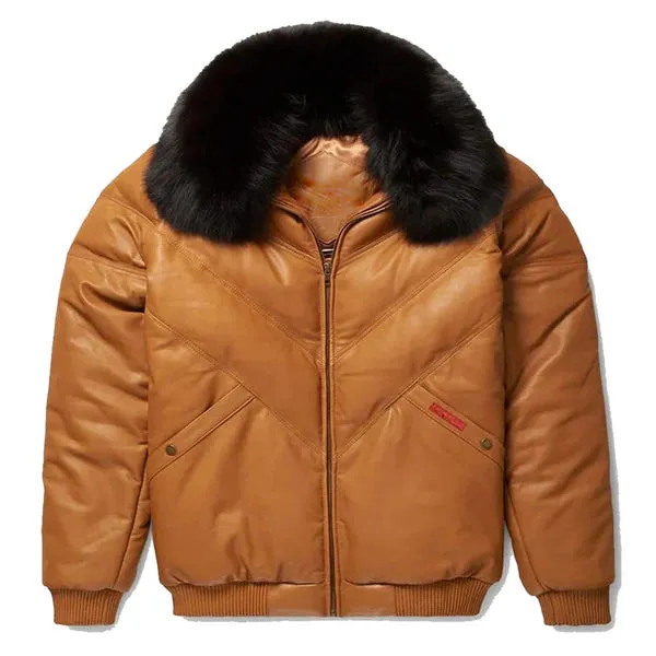 Men's Brown V-Bomber Faux Shearling Leather Jacket