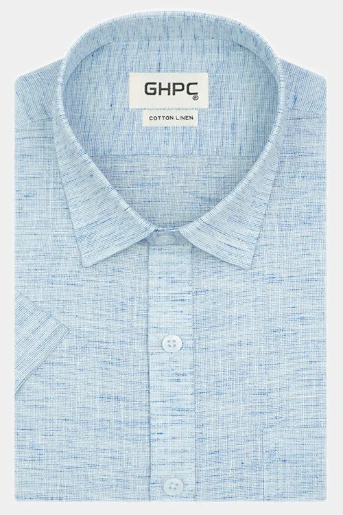 Men's Cotton Linen Half Sleeves Plain Solid Shirt (Blue)