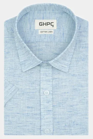 Men's Cotton Linen Half Sleeves Plain Solid Shirt (Blue)