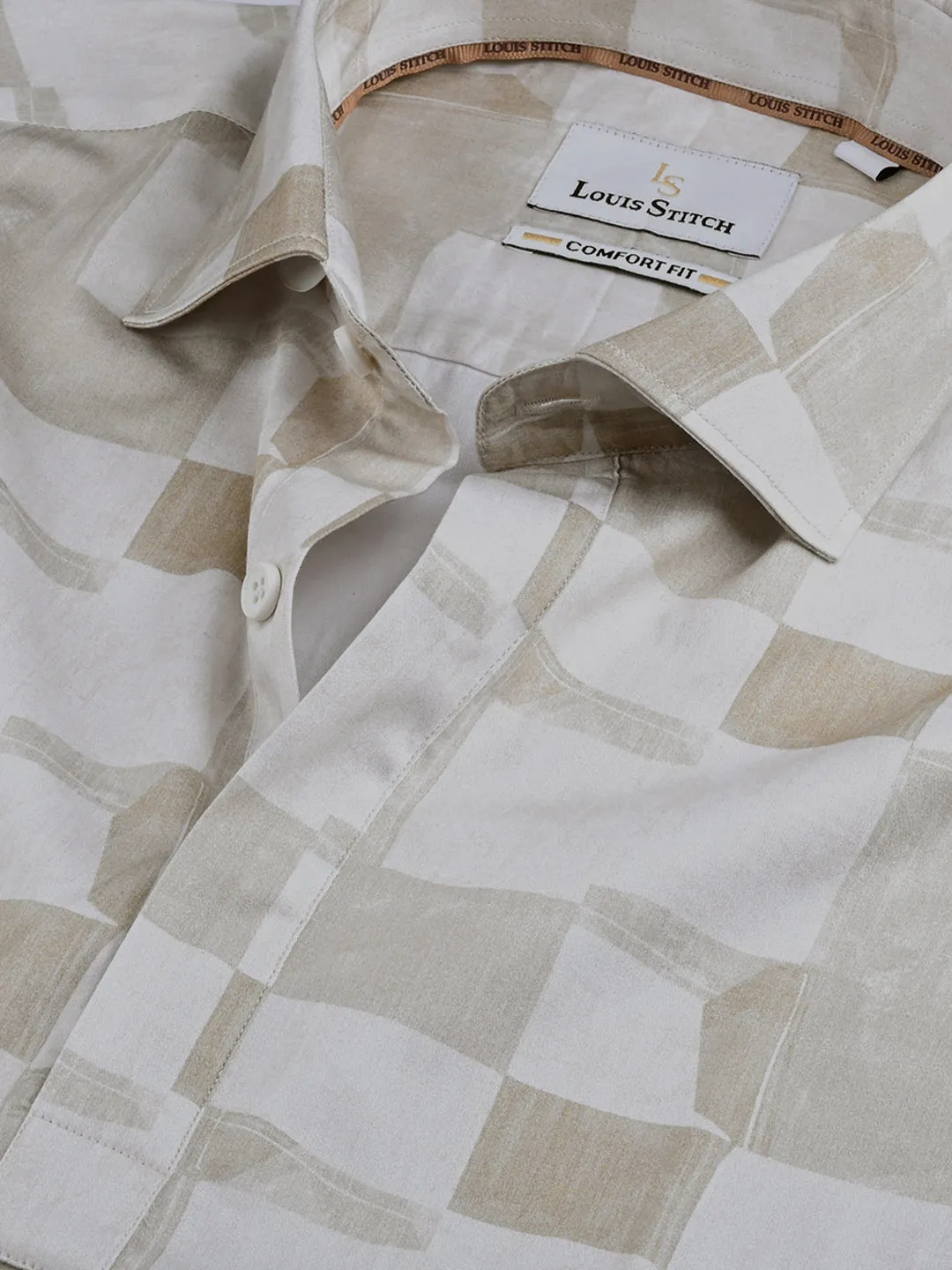 Men's Regular Fit Abstract Beige Formal Shirt