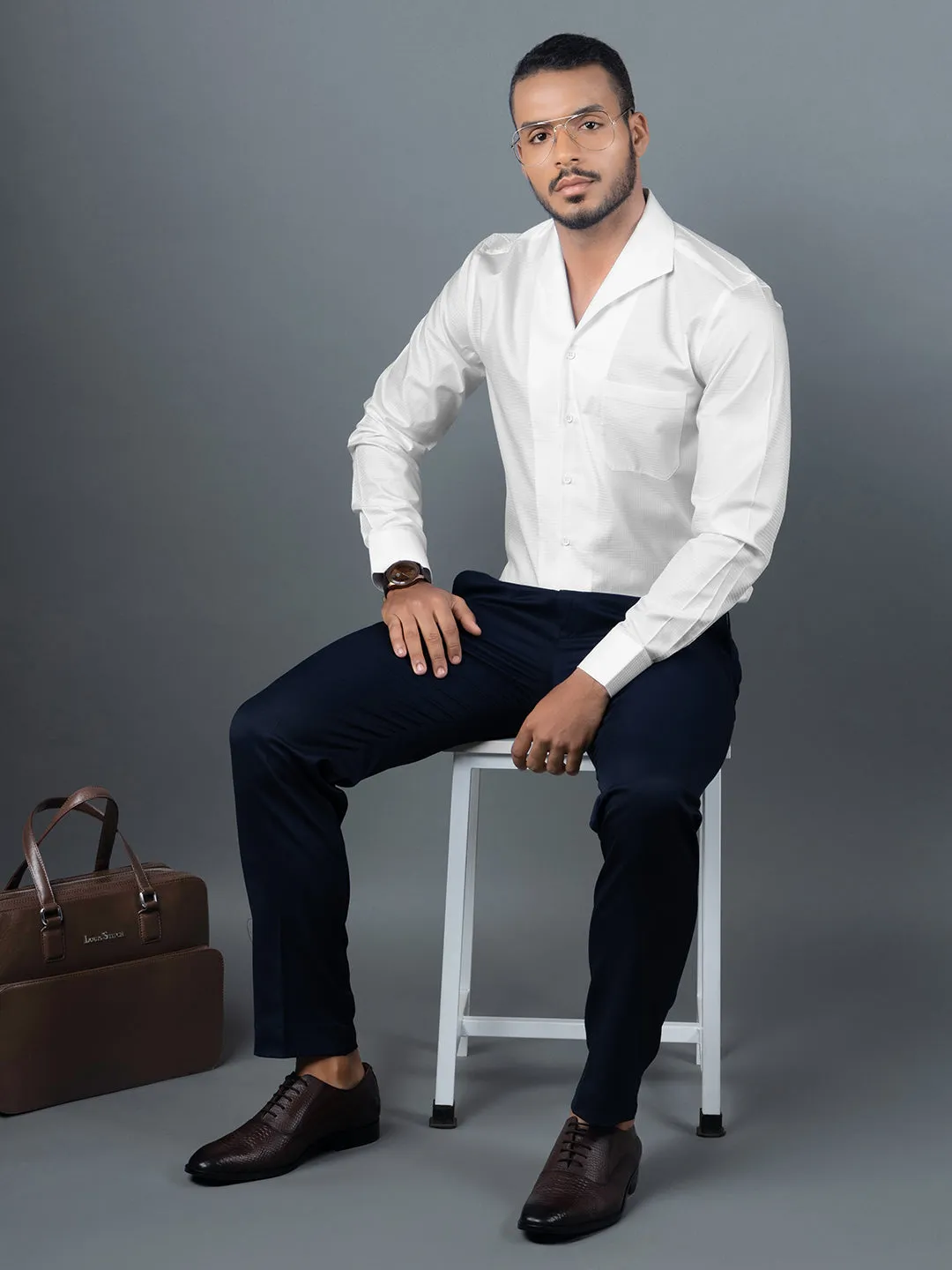 Men's Regular Fit Textured White Formal Shirt
