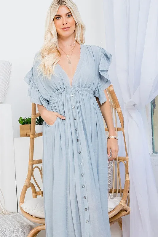 Misty Blue Deep V Neck Ruffle Maxi Dress