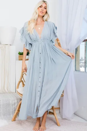 Misty Blue Deep V Neck Ruffle Maxi Dress