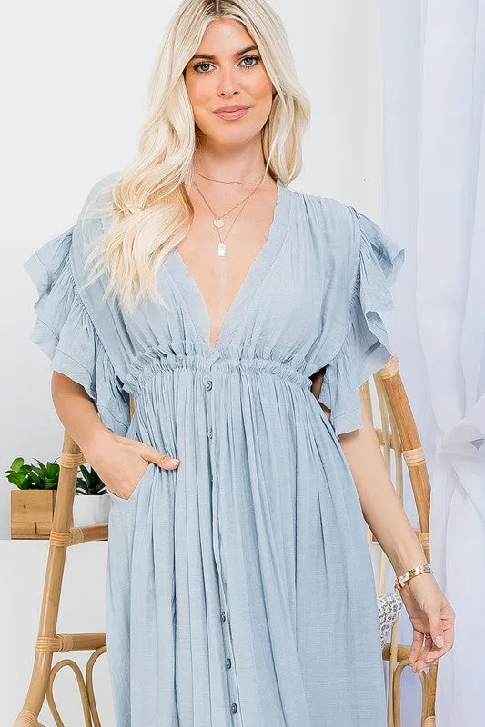 Misty Blue Deep V Neck Ruffle Maxi Dress