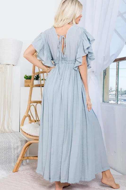 Misty Blue Deep V Neck Ruffle Maxi Dress