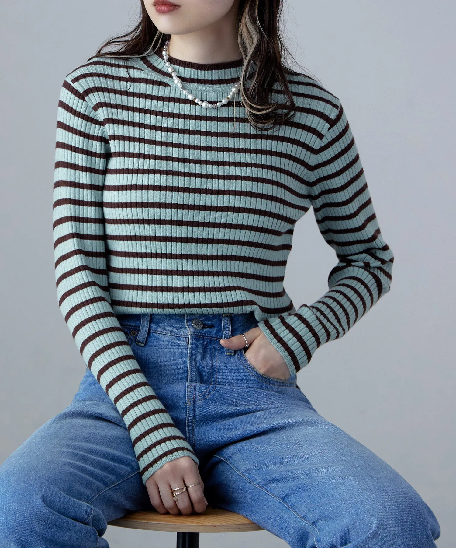 Mock neck border rib tops