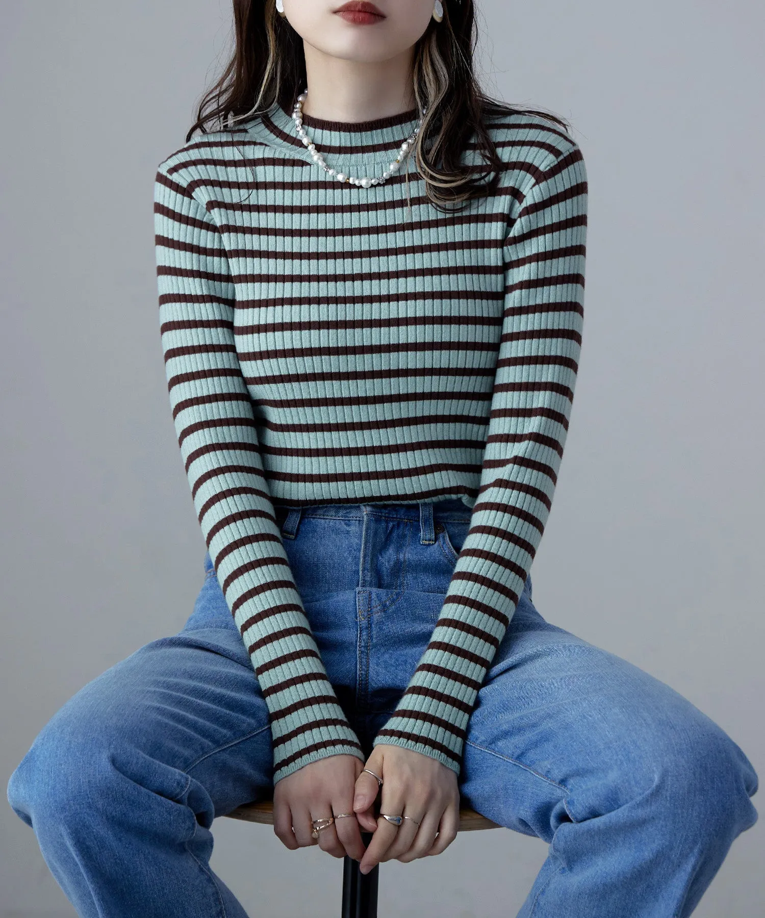 Mock neck border rib tops